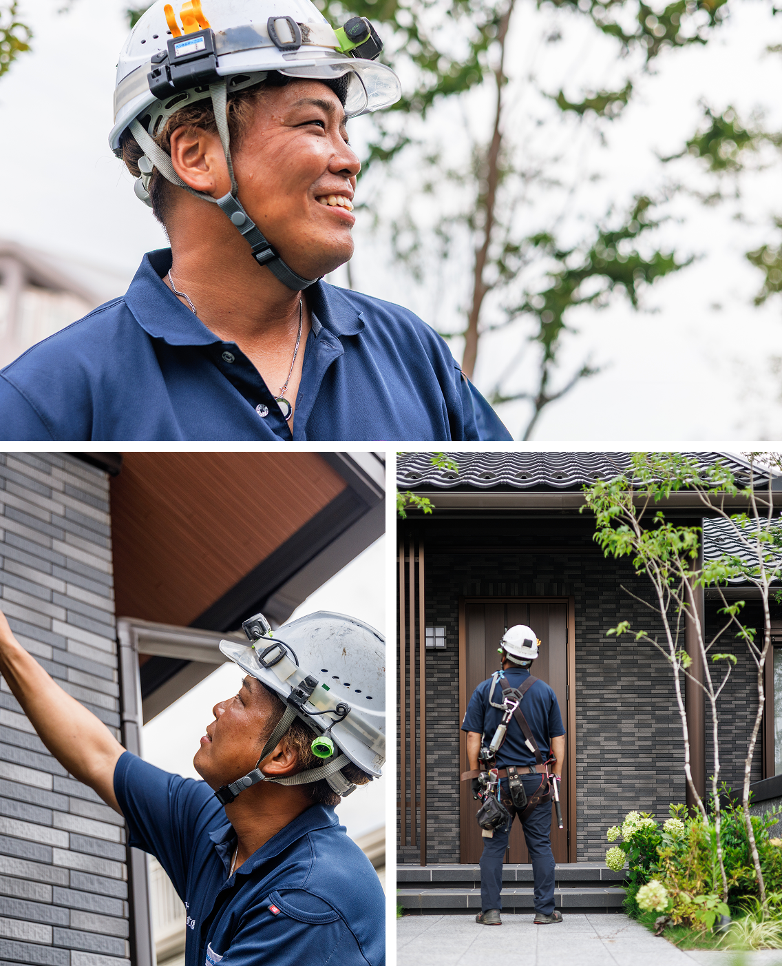 据付工の仕事風景（ヘルメット姿の据付工・外回りの確認・住宅の前に立つ様子）