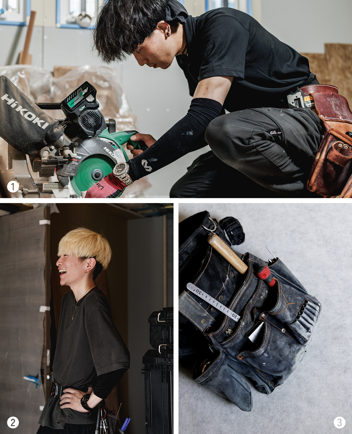 大工の仕事風景（丸ノコで木材を加工する様子・工具を身につけた大工・腰袋の道具）