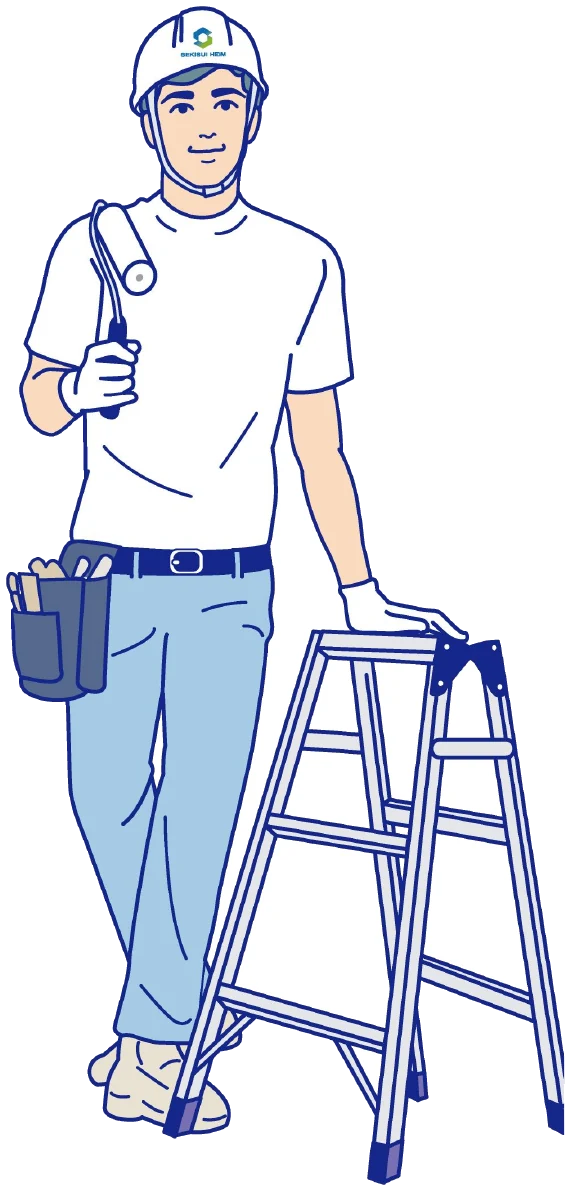 ローラーを持ち、脚立に手をかけたクロス工のイラスト