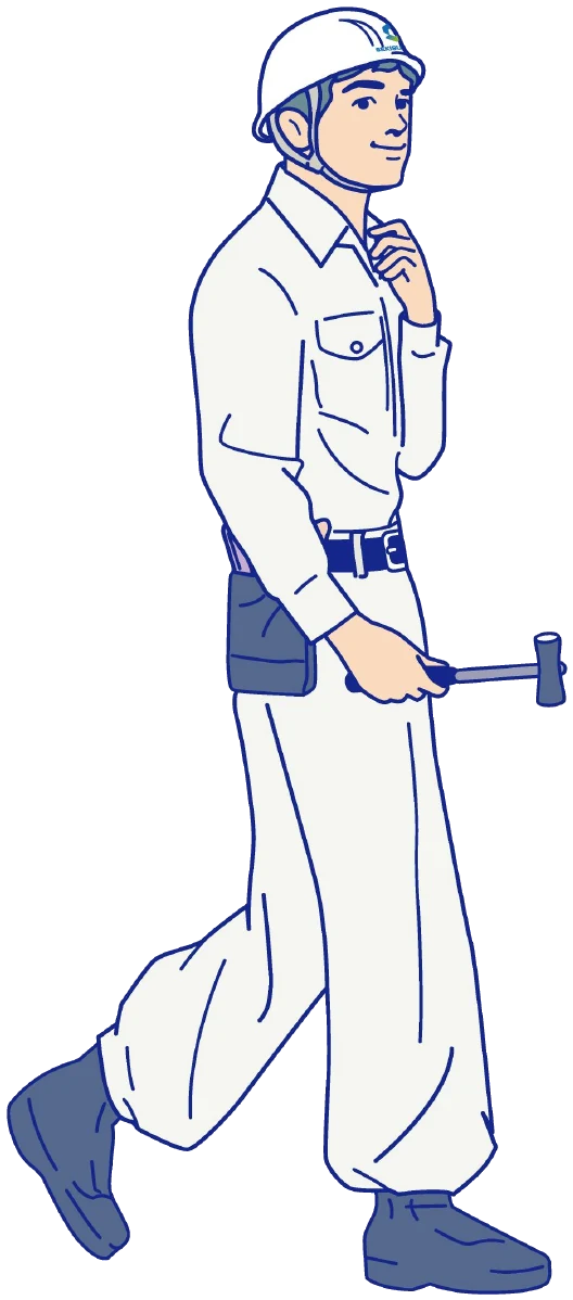 作業着姿でハンマーを持って歩く大工のイラスト