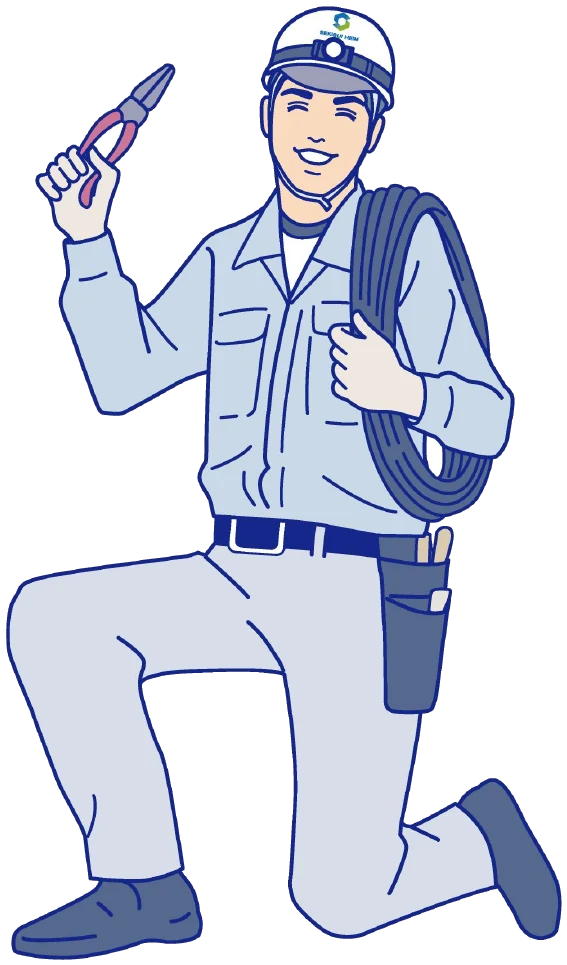 ペンチとケーブルを持ってひざをつく電気工のイラスト